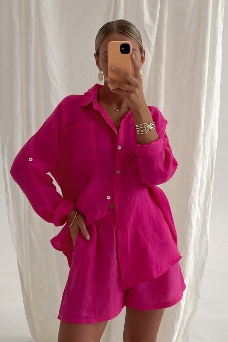 Rožinis lino kostiumėlis